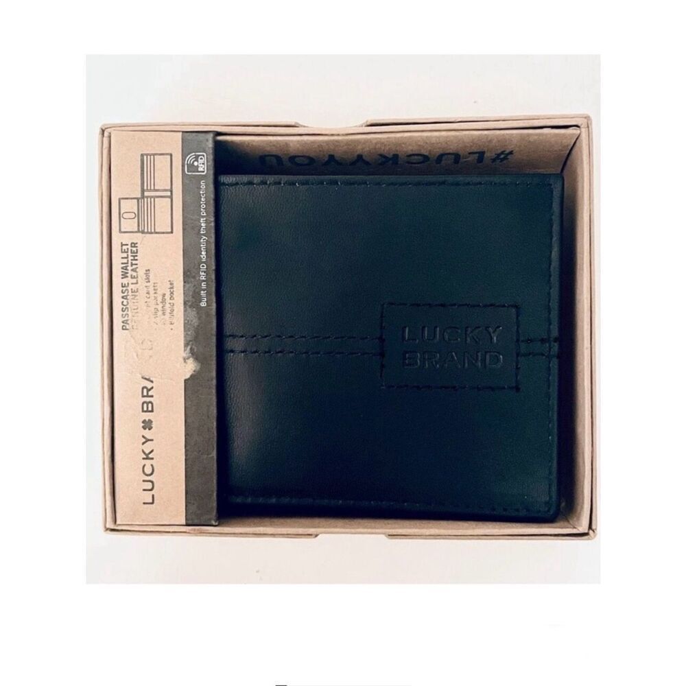 NWT Gorgeous lucky brand Men black bifold genuine leather RFID Wallet w/Gift Box